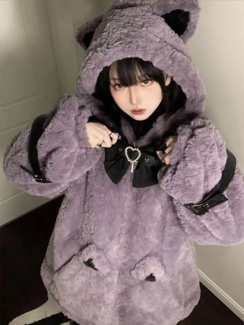 Japanese Lolita Coat Sweet Cool Furry Bow Cat Ear Hooded Jacket Sweet Kawaii Womens Loose Daily Versatile Thermal Top