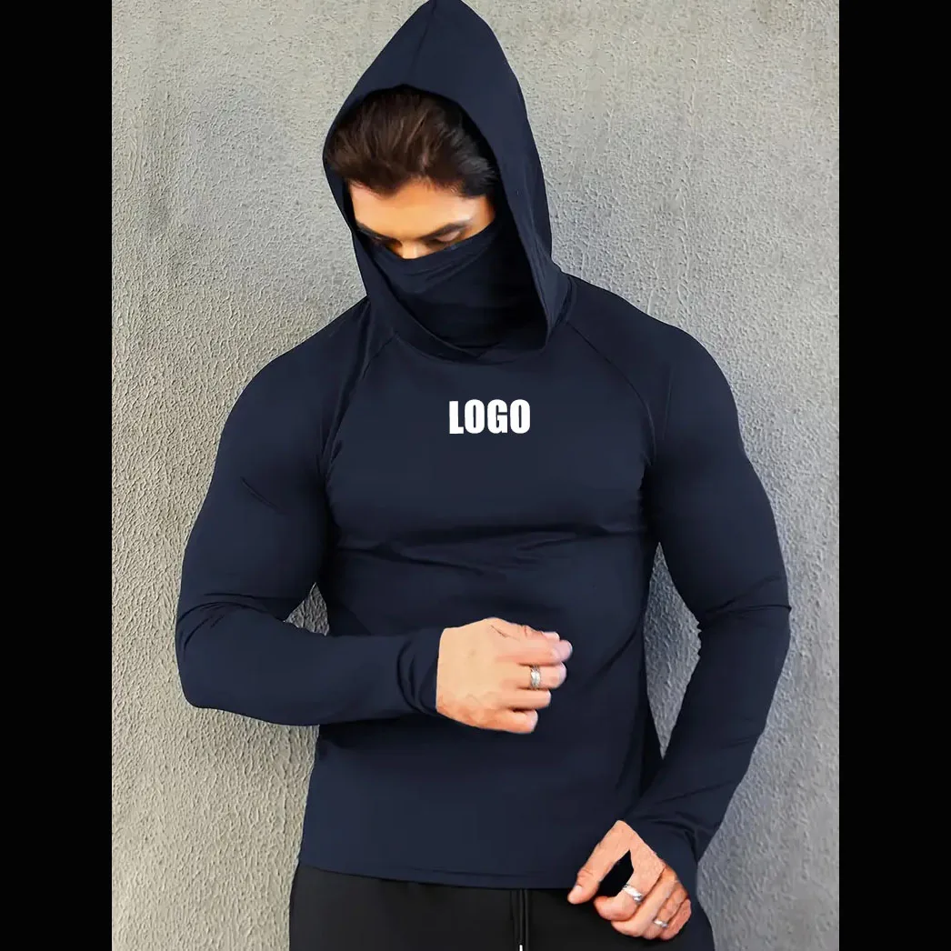 

Customized LOGO Men's Windproof Long Sleeve Fitness Wear Training Quick Drying Tights Dust-proof Mask High Neck Hooded T-Shirt