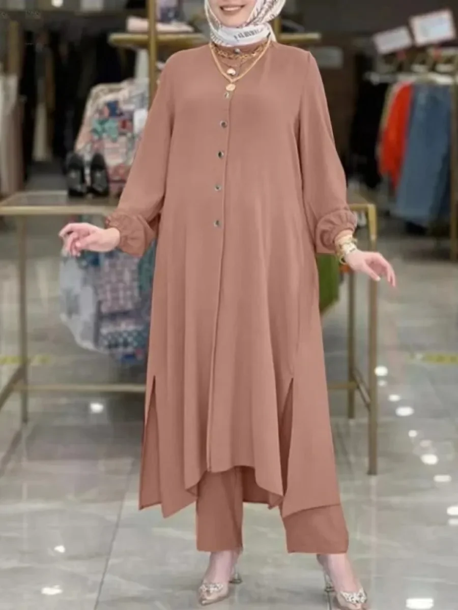 Donne Eid set musulmani Musulman Ensemble due pezzi Dubai camicette pantaloni a gamba larga sciolto Casual arabo Ramadan solido caftano 2024