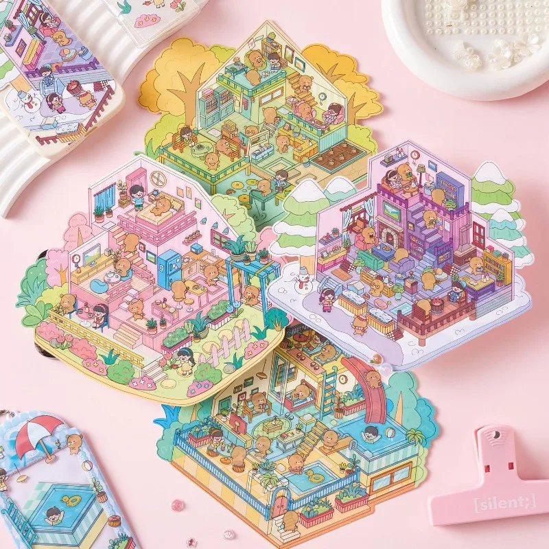 DIY Kawaii Cartoon Bear Scene Sticker Mini Sweet 3D Stacking Scrapbook Journal Sticker Creative Design Make Lanscape Sticker