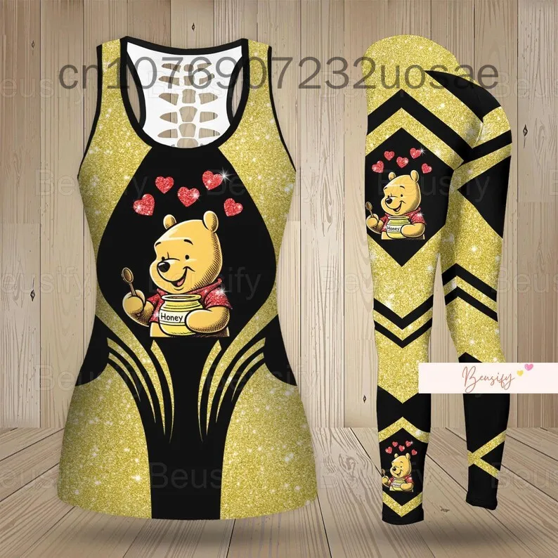 Winnie the Pooh Women's Hollow Tanktop Leggings Yoga Set Summer Fitness Leggings Tracksuit Disney Cutout Tank Top Leggings Set