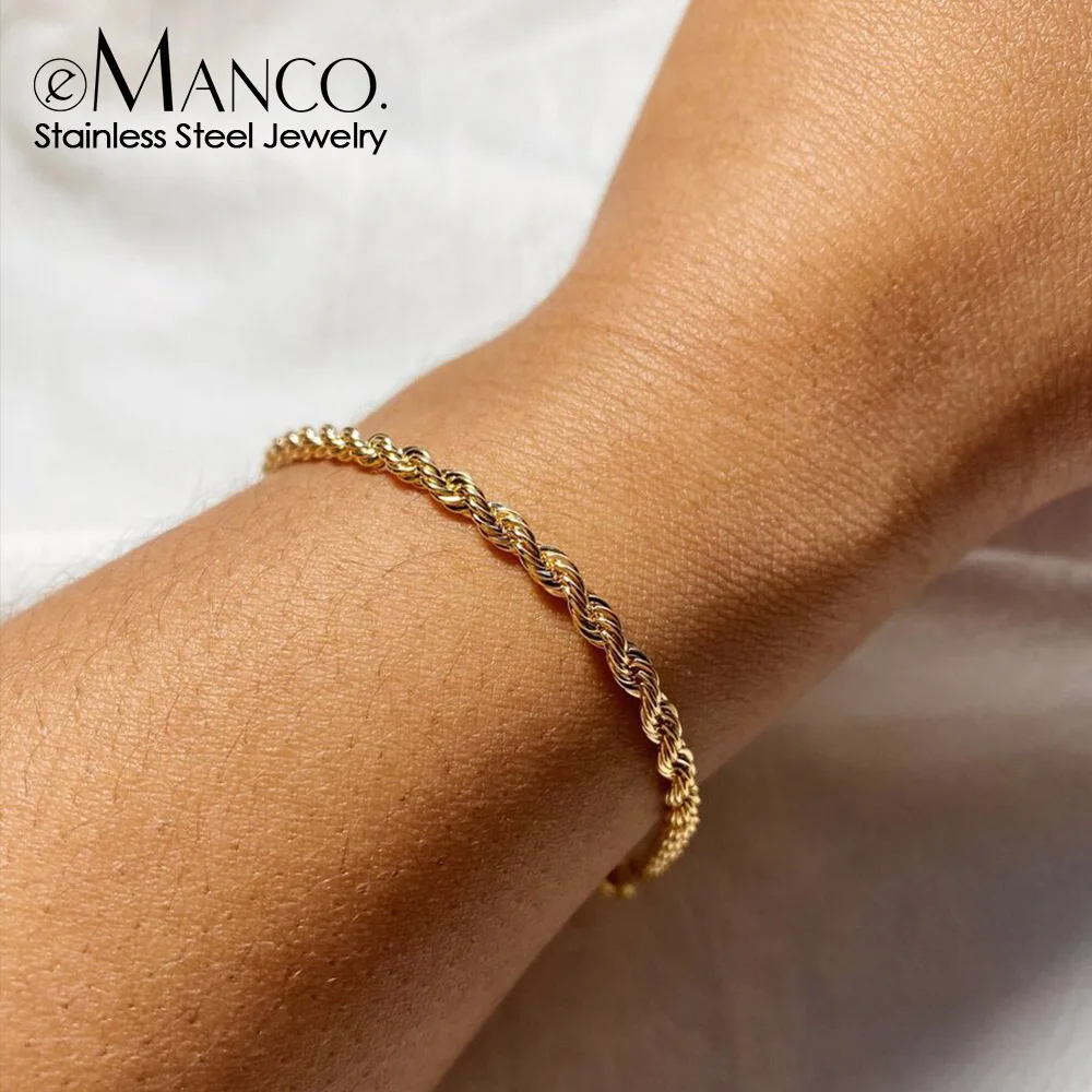 EManco 트위스트 로프 치안 팔찌 여성용, 힙합 펑크, 4mm 골드 컬러, 스테인레스 스틸 골드 컬러 목걸이, 패션 주얼리