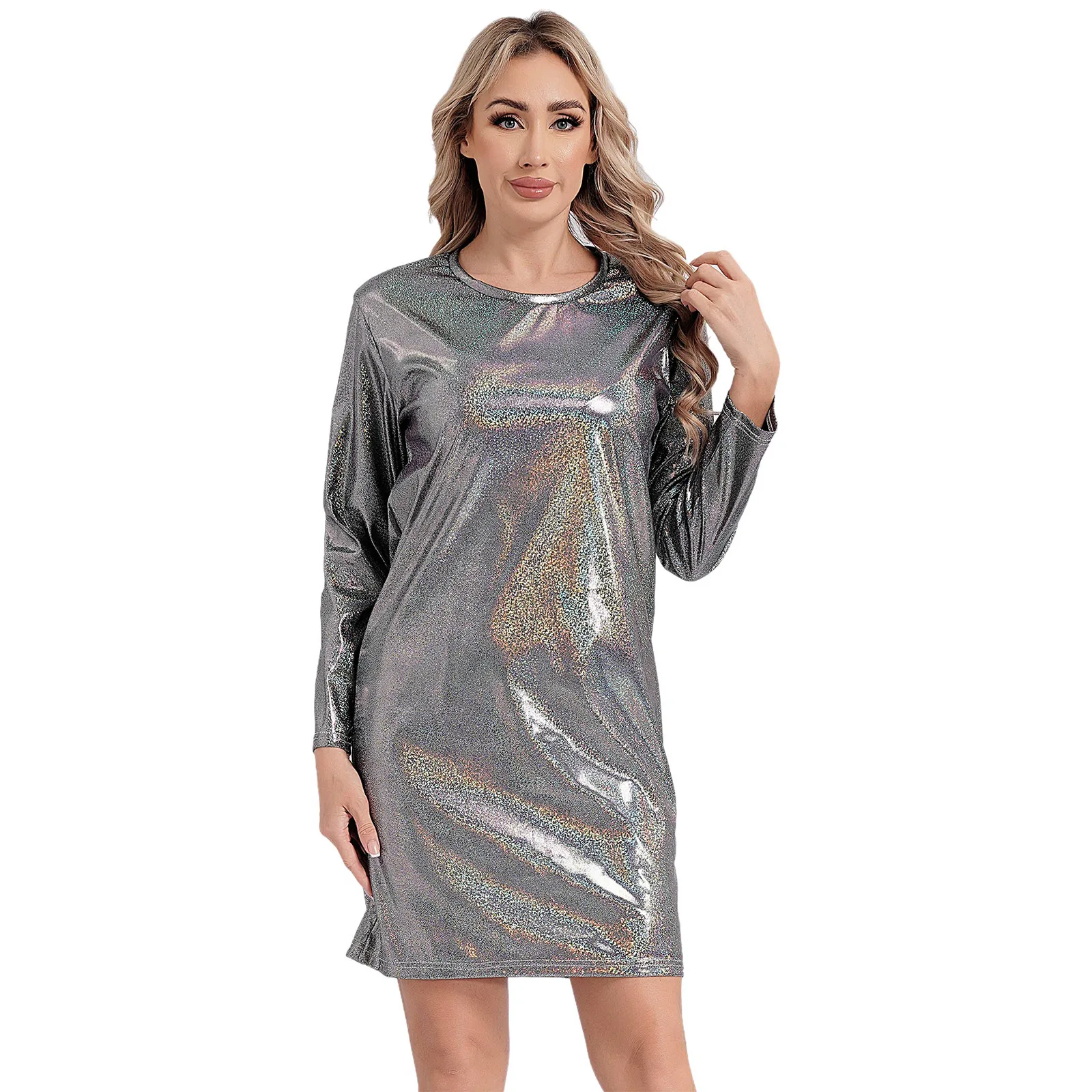 Women Shiny Round Neck Long T-shirt Dress Rave Party Long Sleeves Loose Shirts for Nightclub Music Festival Dance Performance