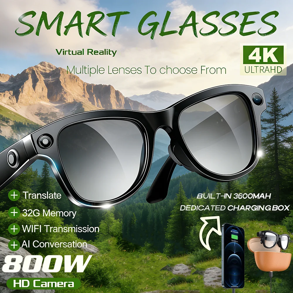 

800W AI Smart Camera Chat GPT Translation Voice Control WiFi Transmission 1200P HD Shooting 3600mAh Charging Case Smart Glasses