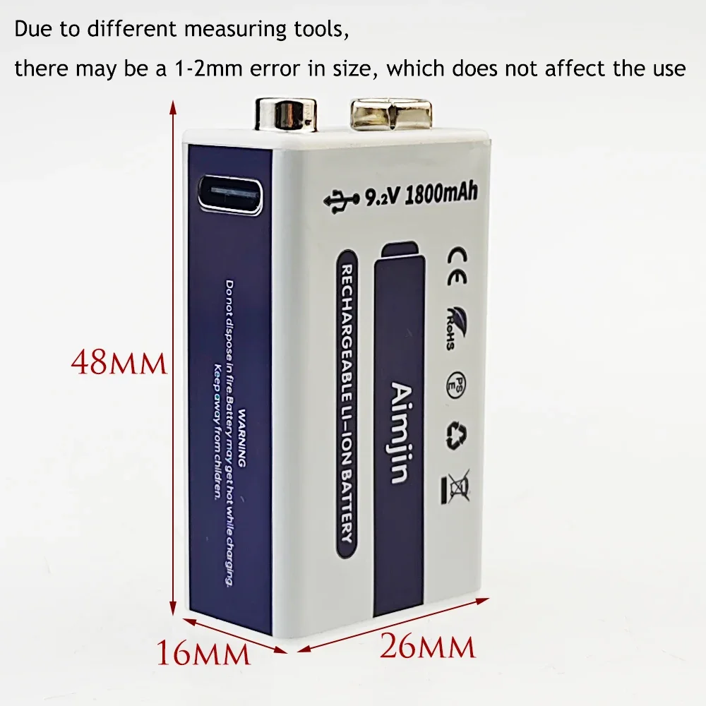 9V lithium battery USB rechargeable lithium-ion 9V 1800mAh, with USB cable, suitable for cameras and other electronic devices