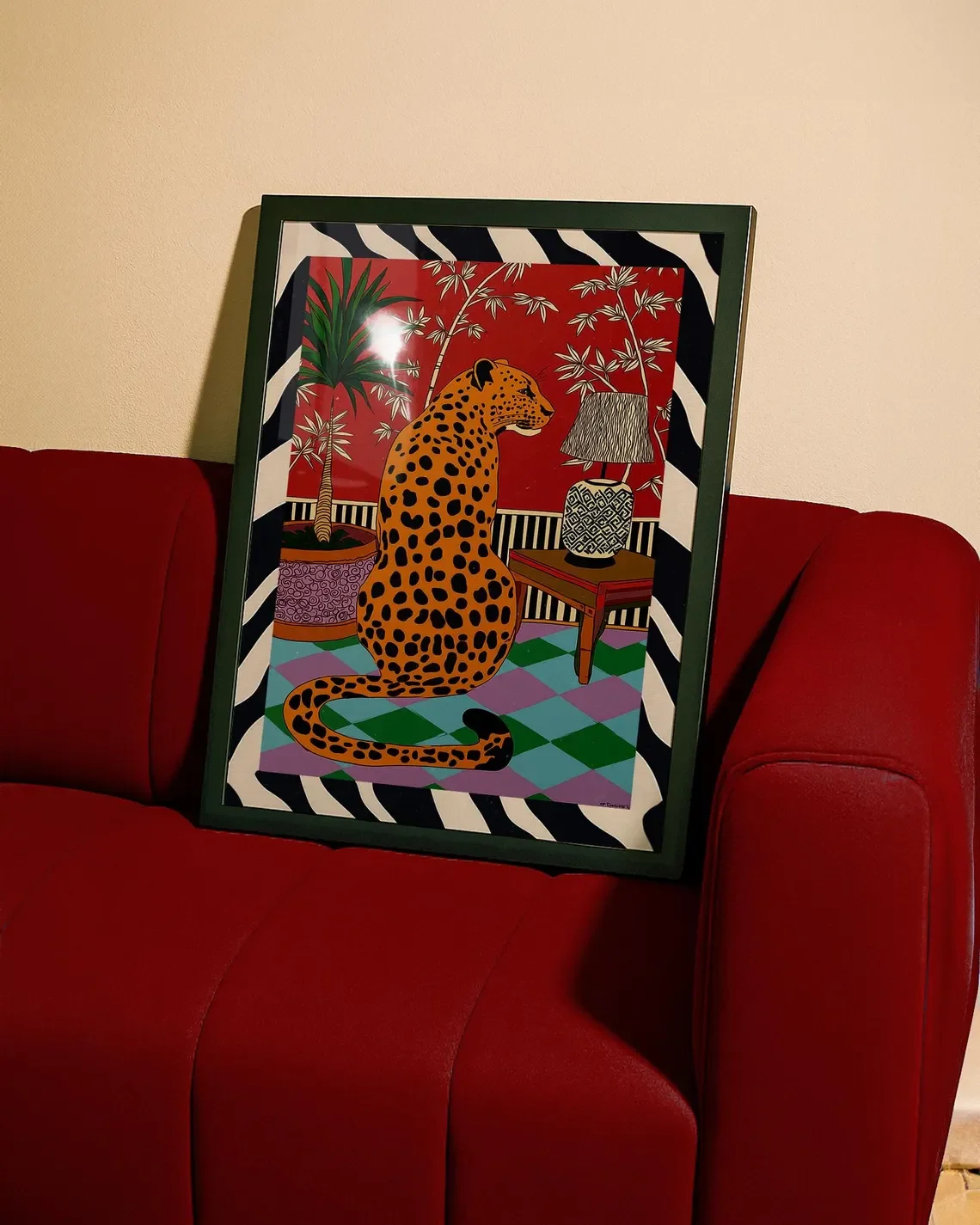 Retro Maximalist Leopard Wall Art - Bold Graphic Print of a Leopard in a Colorful, Pattern-Filled Room, with Rich Hues of Red, G