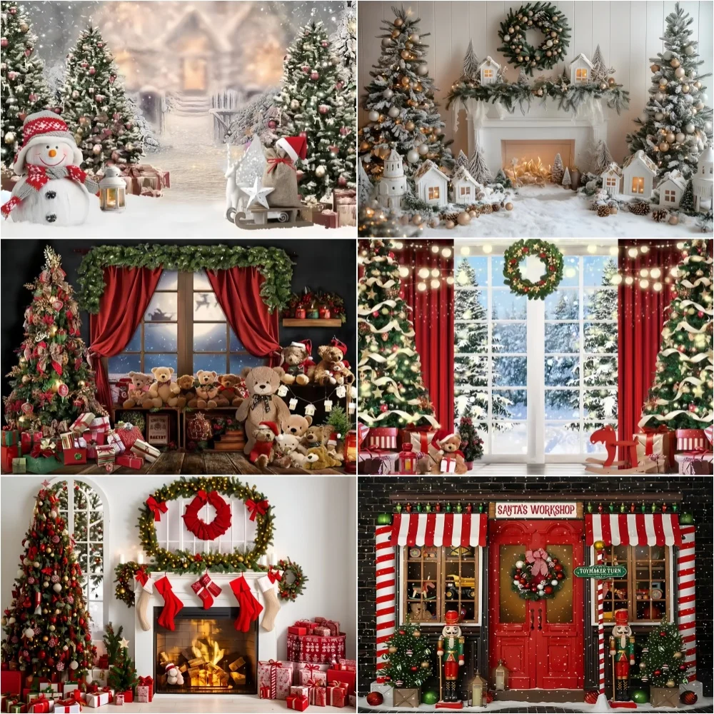 Merry Christmas Photography Background Banner Winter Festival Scene Christmas Tree Gift Backdrop Photocall Photo Shoot Booth