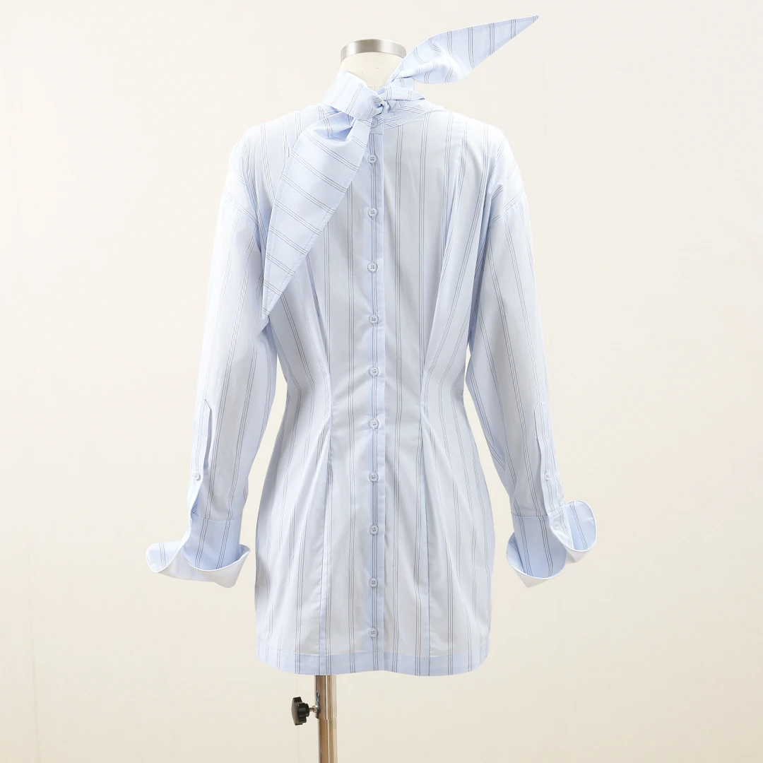 Robe chemise à rayures bleues, tempérament élégant, nœud papillon, ceinture flottante, taille haute, Slim, manches longues, pour femmes, nouvelle collection automne 2025