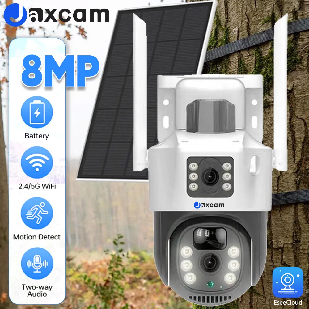 Solar Power Human PIR Detection 8MP 4K 5G 2.4GHZ WIFI Dual Lens Dual Screen PTZ Camera Wireless With Battery Security EseeCloud