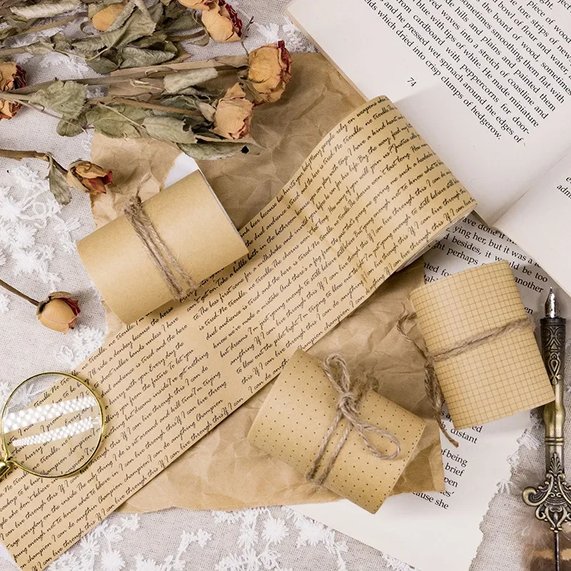 Retro English Kraft Paper Tape Journal Collage Masking Tape Grid Letter Text Tape Adhesive Tape DIY Scrapbooking Sticker Label