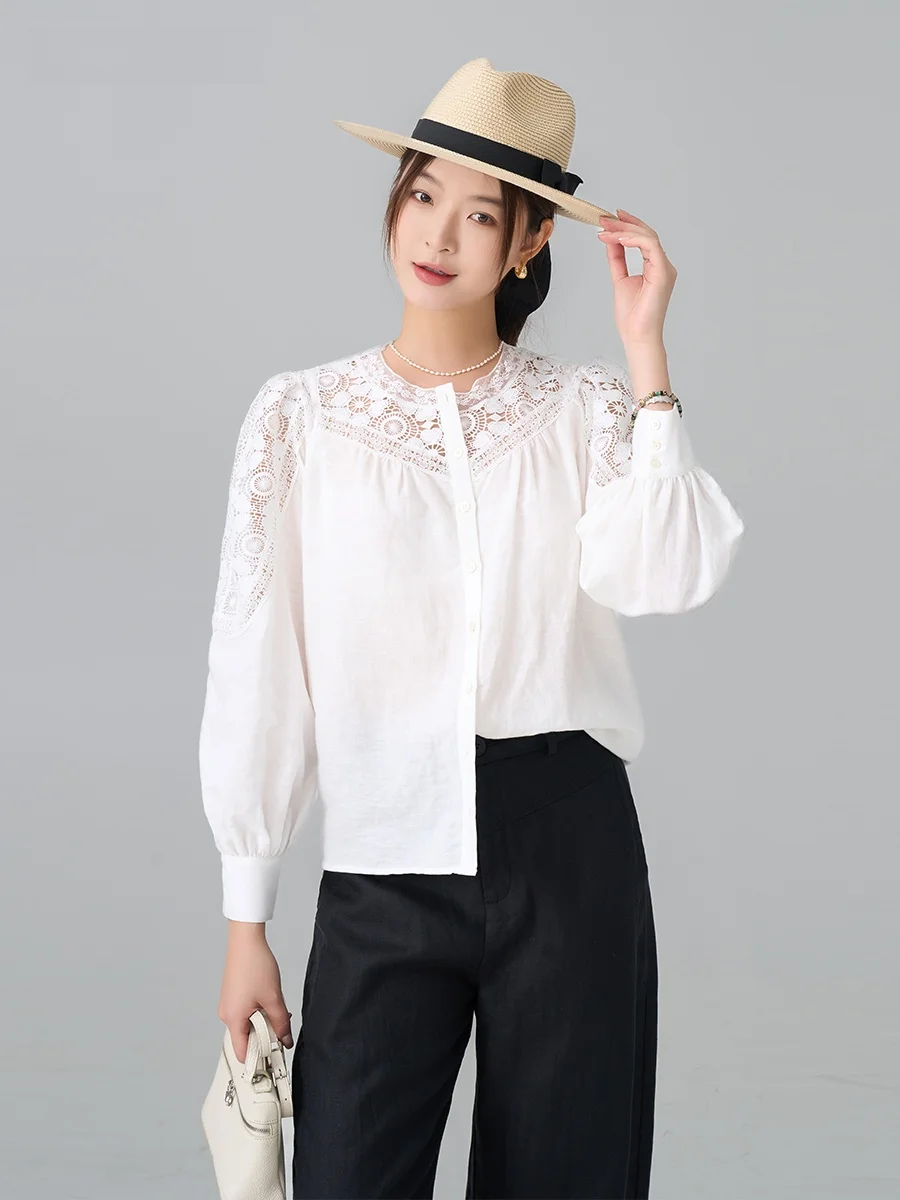 

Romantic round Lace Hollow out Casual irt Women's Faion Spring 2024 MBNLF Ele Chinese Sle Top XMCY3059