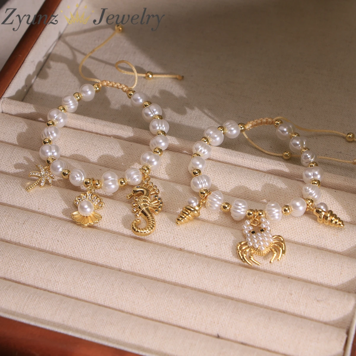 5PCS, Gold Plated Pearl Beaded Rope Bracelets with Sea Themed Charms for Beachy and Trendy Styles