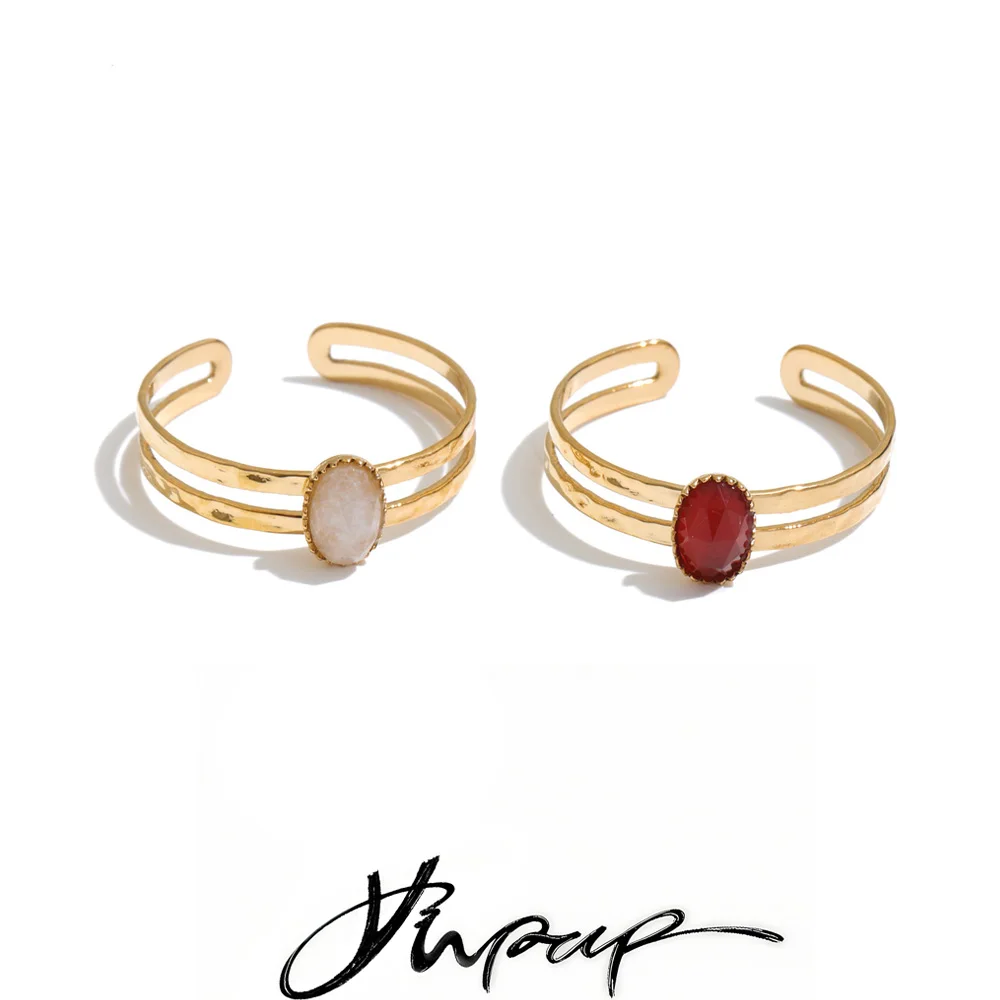 Yhpup – bague ouverte réglable à double couche en pierre d'agate et de jade naturel, en acier inoxydable, bijoux attrayants pour femmes