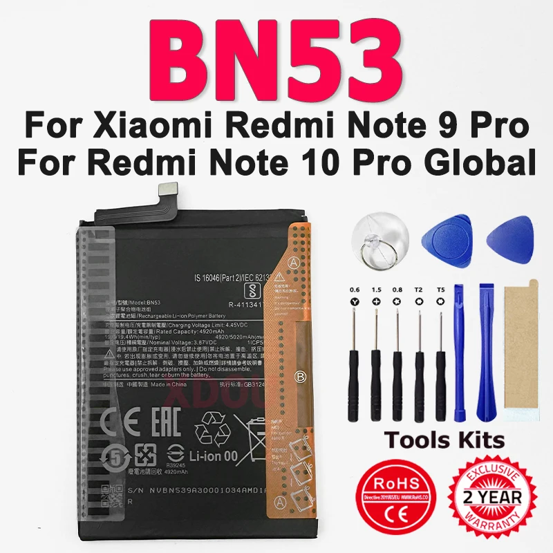 

High Quality 100% New Battery BN53 For Xiaomi Redmi Note 9 Pro / Redmi Note 10 Pro Global 5020mAh Phone Battery + Tools
