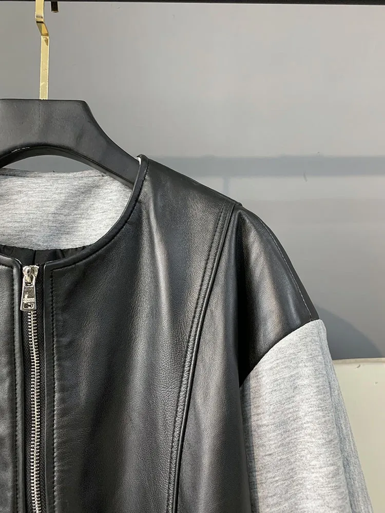 Casual Women Zipper Genuine Leather Patchwork Cloth Short Jackets Sheepskin O Neck Sheepskin Fashion Lady Loose Outerwear Coat