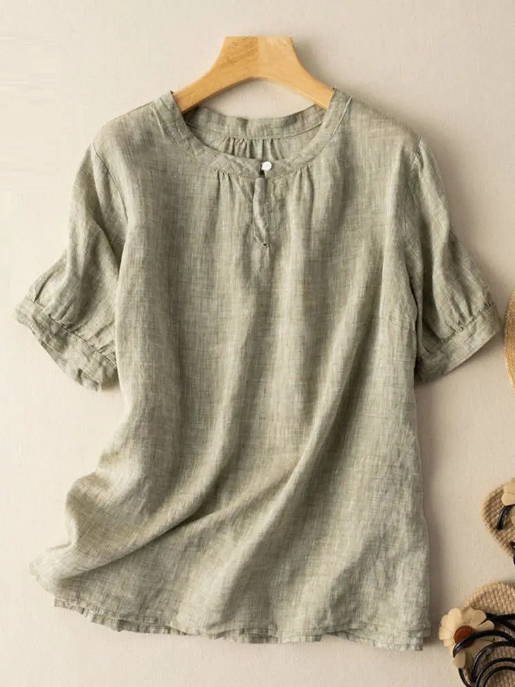 

Loose Fit Cotton Linen Short Sleeve round Neck Shirt Women's Summer Slimming Design Casual Comfortable Pure Color Top
