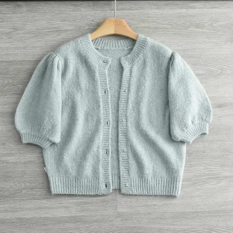 

Women's Slim Fit Knitted Cardigan ort Bubble Sve Warmth Spring Autumn Casual Sle round Ne Single Button Closure