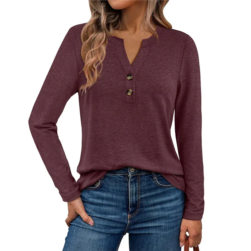 Damska odzież codzienna na wiosnę i jesień 2025: luźna koszulka z długim rękawem, dekoltem w serek, w jednolitym kolorze, idealna do noszenia w domu.