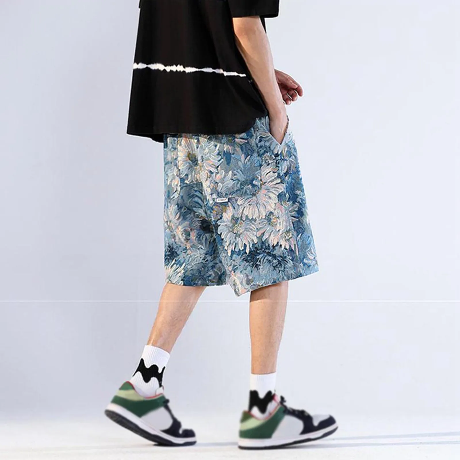 Vantage Sunflower Printed Shorts Men's Drawstring High Waisted Loose Fit Shorts Casual Beach Wide Leg Shorts with Pocket