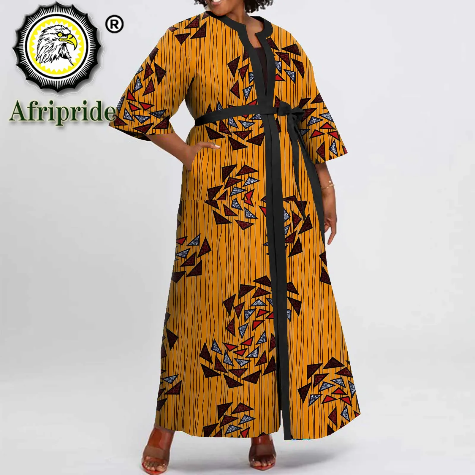 

Women Maxi Dress High Waist Open Front Plus Size Loose Dress with Belt African Traditional Clothes Ankara Print Outfits A2125036