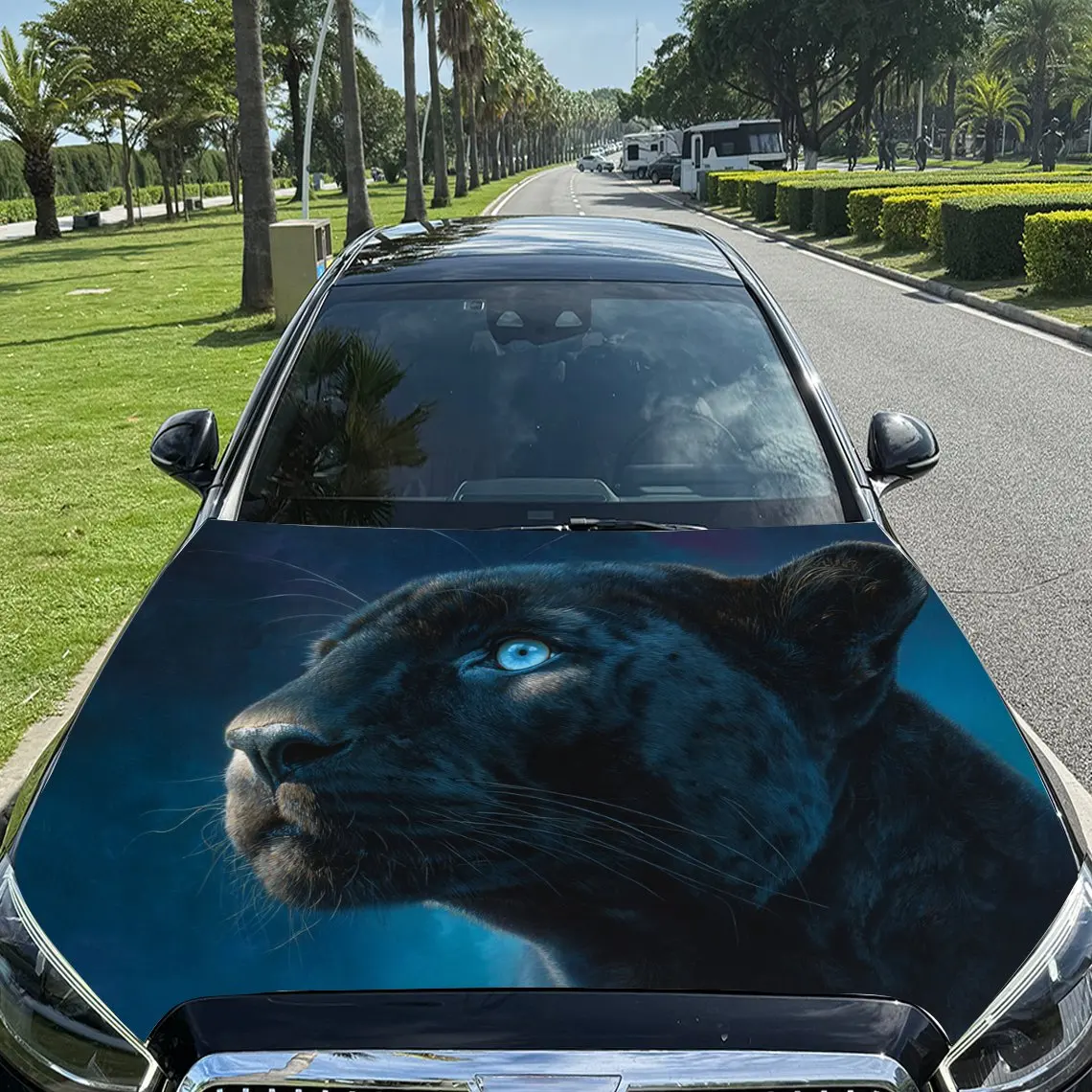 Car Decals Panther with a Striking, Realistic - style Artistic Appearance, Highlighting Its Piercing Blue Eyes and Conveying a S