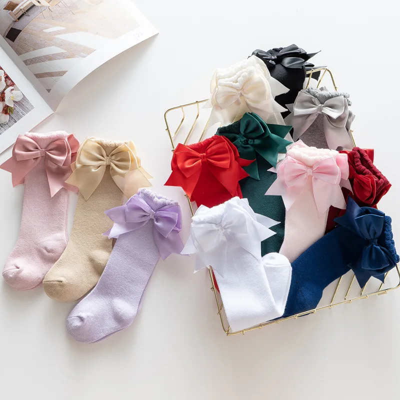 20pair Girls Solid Socks With Bows 100% Cotton Baby Children Spanish Socks Toddlers Long Socks Kids Princess Knee High Socken