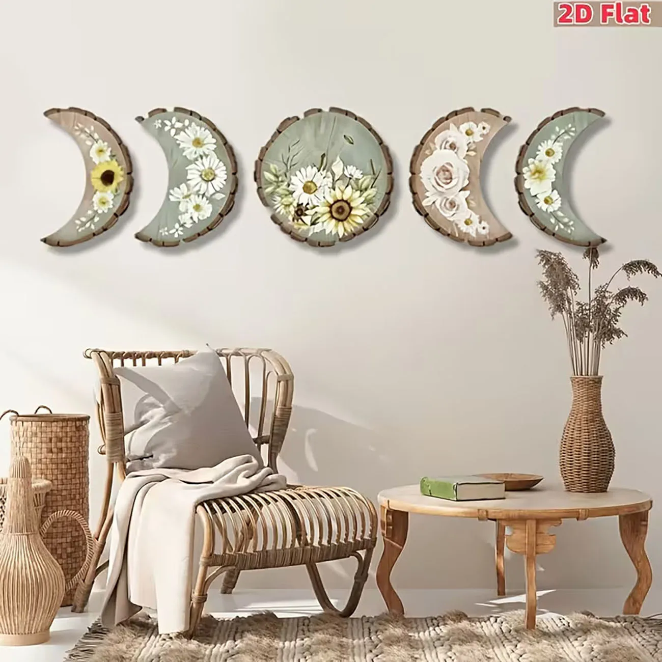 2D flat wooden moon flower wall decoration five piece set, with double-sided nano tape and no drilling required