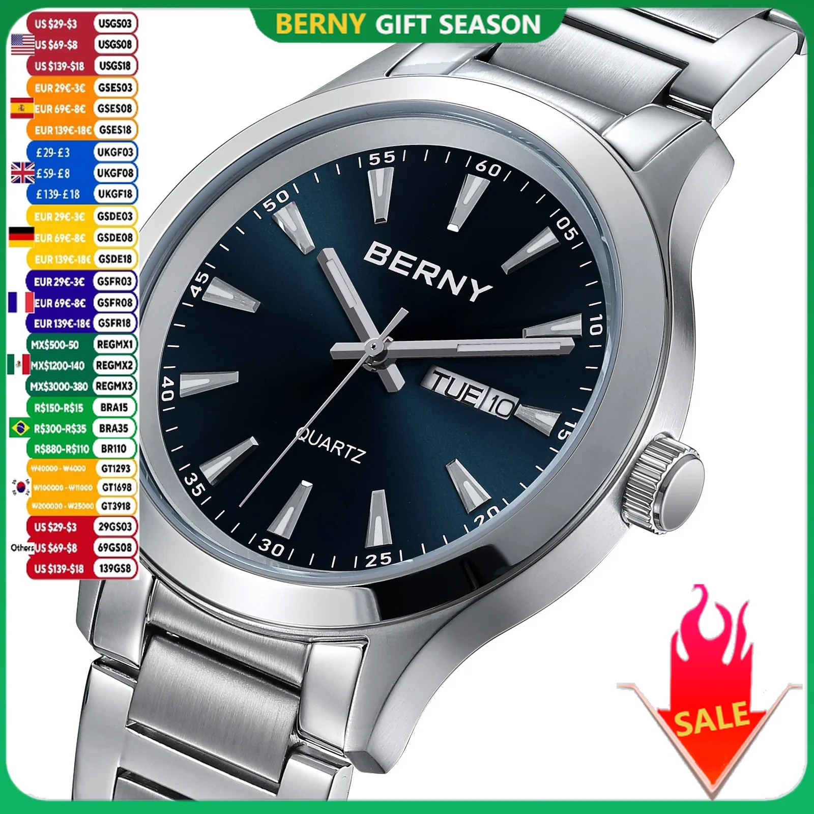 BERNY Watches for Men Week Date Fashion Dress 40mm Quartz Wristwatch Solid Stainless Steel Business Sports Elegant Men\'s Watch