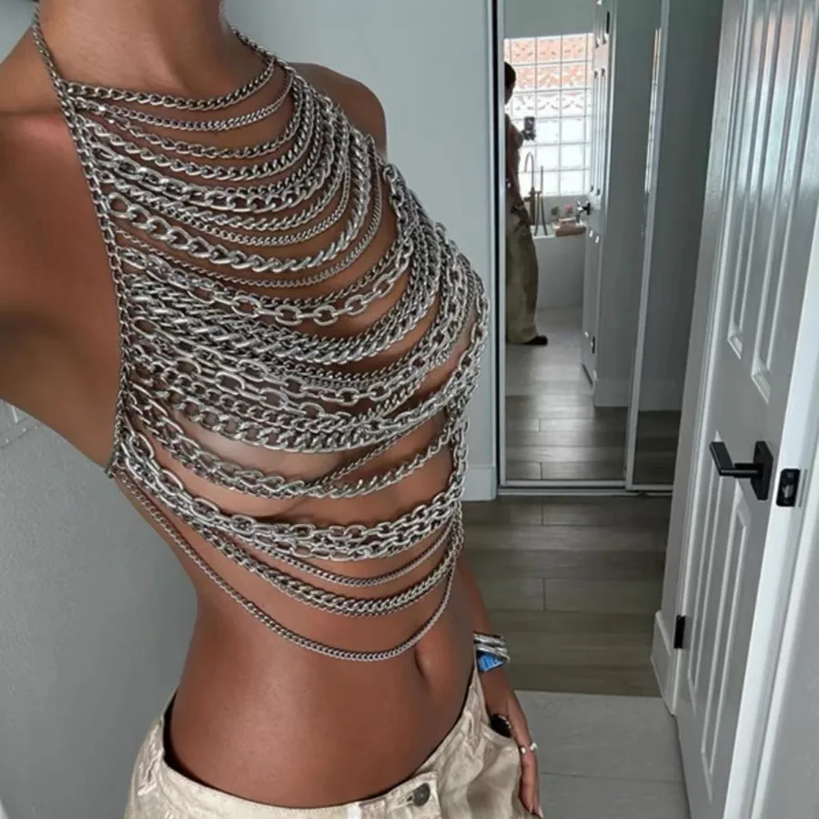 Handmade Women Tops Halter Metal Chain Layered Lingerie Harness Bralette Chains Women Vest Party Beachwear