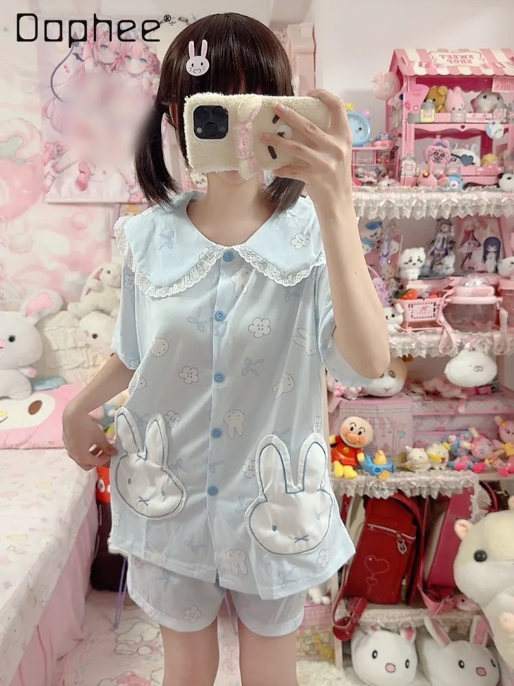 Soft Cute Japanese Cute Girl Cartoon Printed Pajamas Set Lace Doll Lapel Short-sleeved Shorts Two-piece Set Women's Loungewear