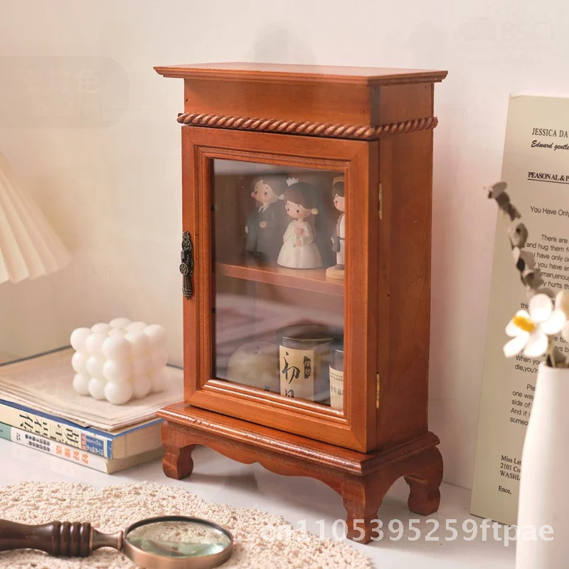 

Retro Wooden Cosmetic Storage Box Dustproof Desktop Display Rack for Lipsticks And Restaurant Decorations Light Brown 32x20x95cm