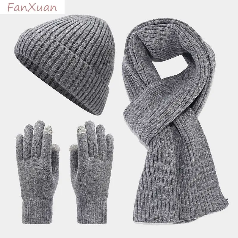 Men Winter Beanie Hat Scarf Gloves Set 3pcs Solid Color Fleece Lined Thickened Winter Cap Long Scarf Gloves Set for Men