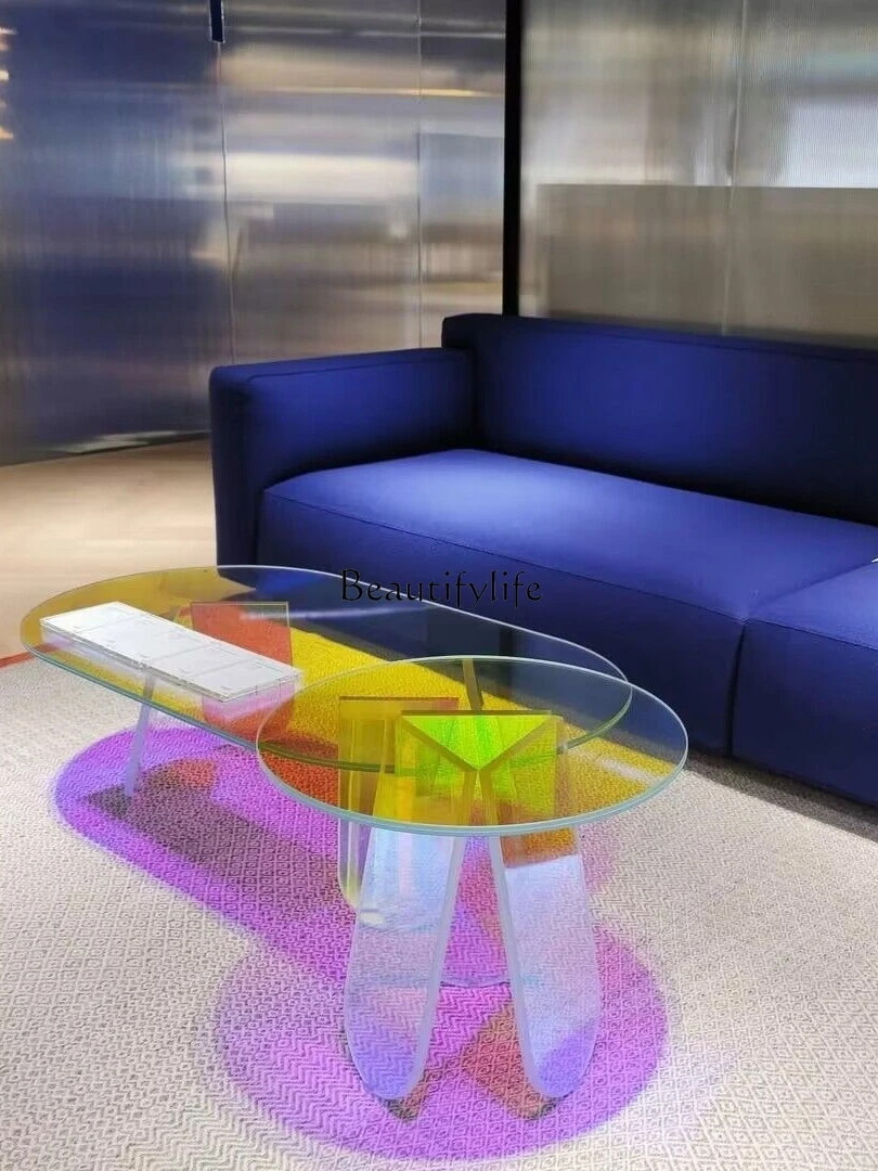 Glass Coffee Table Living Room Rainbow Shimmer Side Table Creative and Slightly Luxury Modern Minimalist High Sense