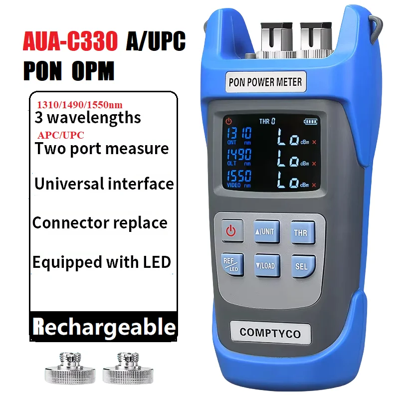 aua-c330a-u-rechargeable-pon-optical-power-meter-three-wavelengths-standard-25mm-for-sc-fc-st-connectors-apc-upc-port-optional