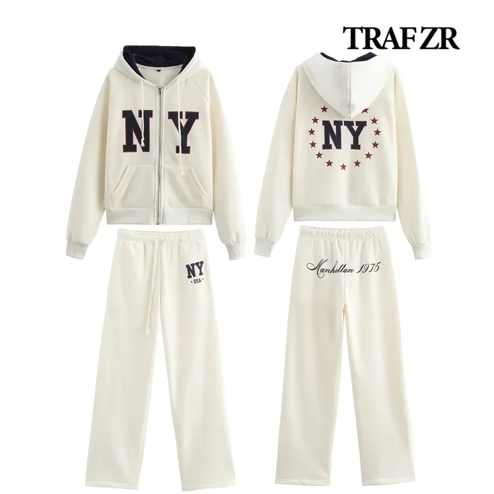 TRAF ZR Women Adjustable Drawstring Hood Text Print Fall Outfit Varsity New York Hoodie&Plush Trousers Aesthetic Baggy Pants Set