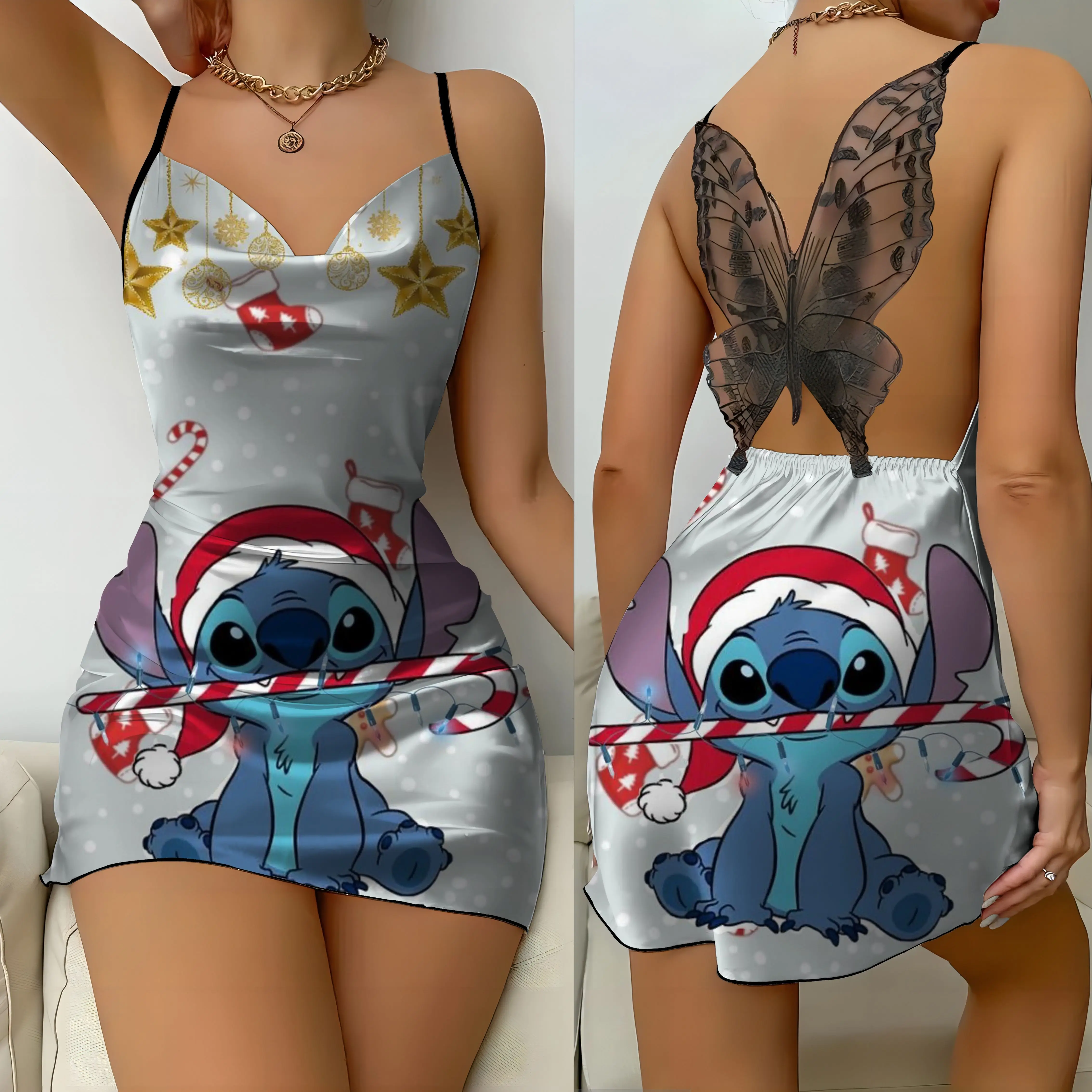 Rücken freies Kleid Damen kleider Pyjama Rock Stich Satin Oberfläche Disney Bogen Knoten Mode Sommer 2024 Party Mini sexy Spitze Disney