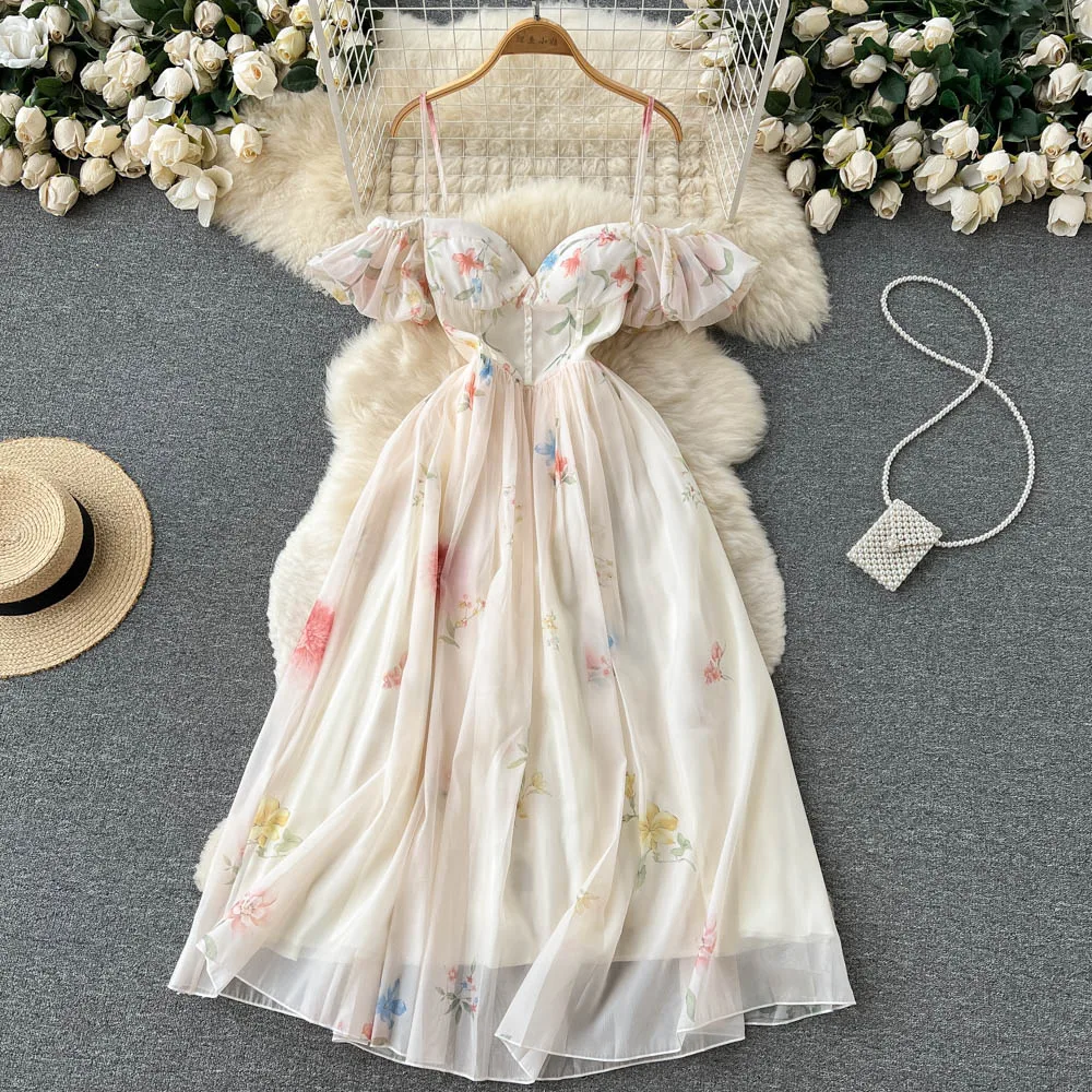 

Casual Midi Dress Y2k Summer Spring Fashion Design Women Runway High Street Vintage Flowers Print Lantern Sleeve Belt Vestidos