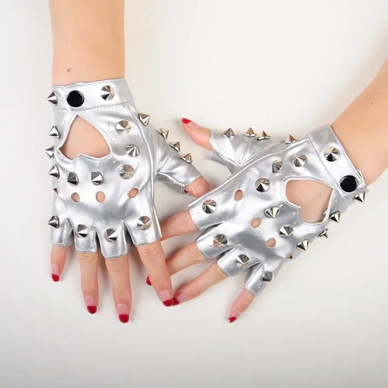 فاسق DS قفازات جلدية معدنية الإناث نصف اصبع التوابل الفتيات وظيفة JK Baring أصابع لو شخصية كول تلميح برشام بولي PU