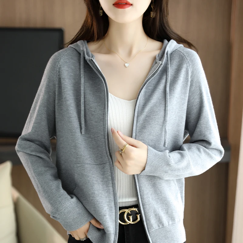 Zipper Hooded collar Cardigan Women Autumn Knitted Jacket Casual Loose Long Sleeve Warm Winter Cashmere Sweater Coat Outerwear