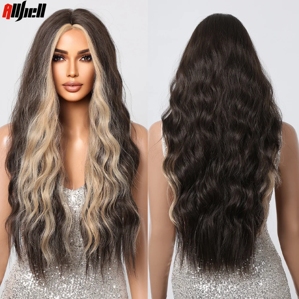 

Черно-коричневый парик средней части длинные волнистые блестящие золотистые синтетические парики с глубокой волной термостойкие повседневные Косплей искусственные волосы для женщин