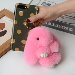 Rabbit Keychain Ring Fluffy Real Fur Pompon Bunny Trinket Key Chain Charm Cute Key Ring On Bag Car Key Pendant