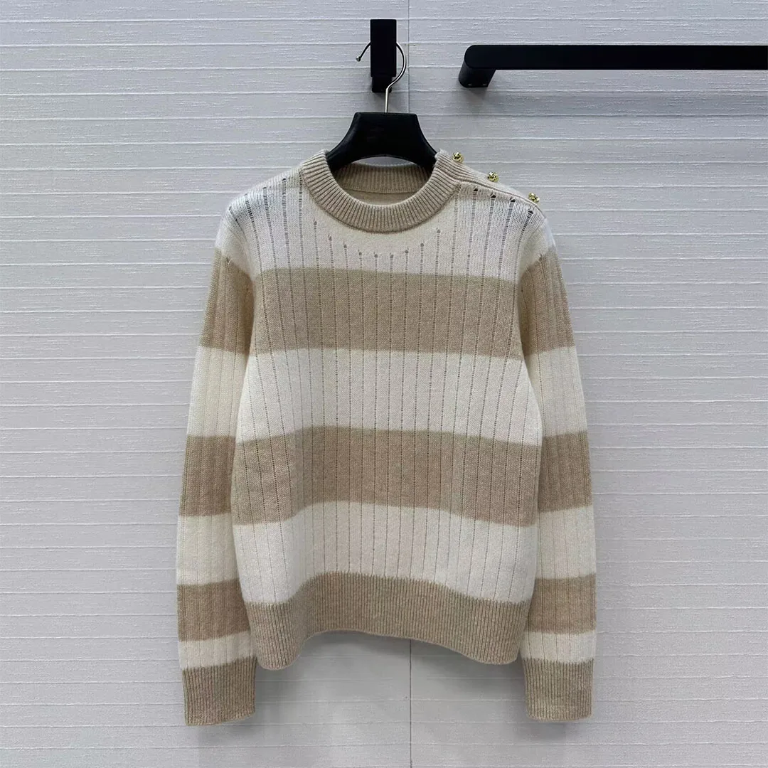 

New Autumn Basic Cashmere Knitted Pullover Women O-neck Gold Shoulder Button Long Sleeve Wide Striped Contrast Color Sweater