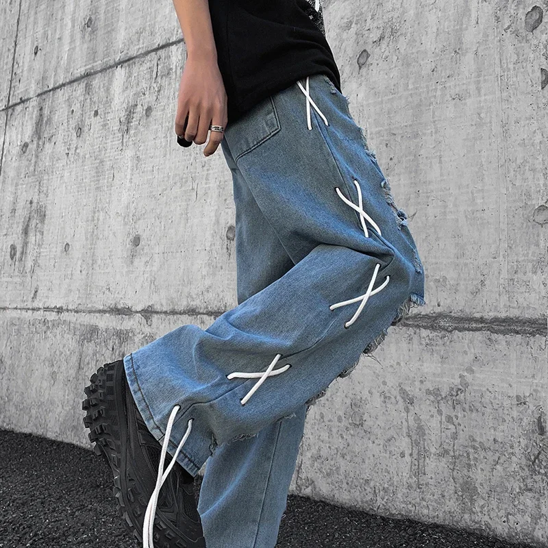 

Men's Vibe Style Destroyed Jeans Side Rope Braided Pants Fashion High Street Ripped Hip Hop Denim Trousers Loose Casual