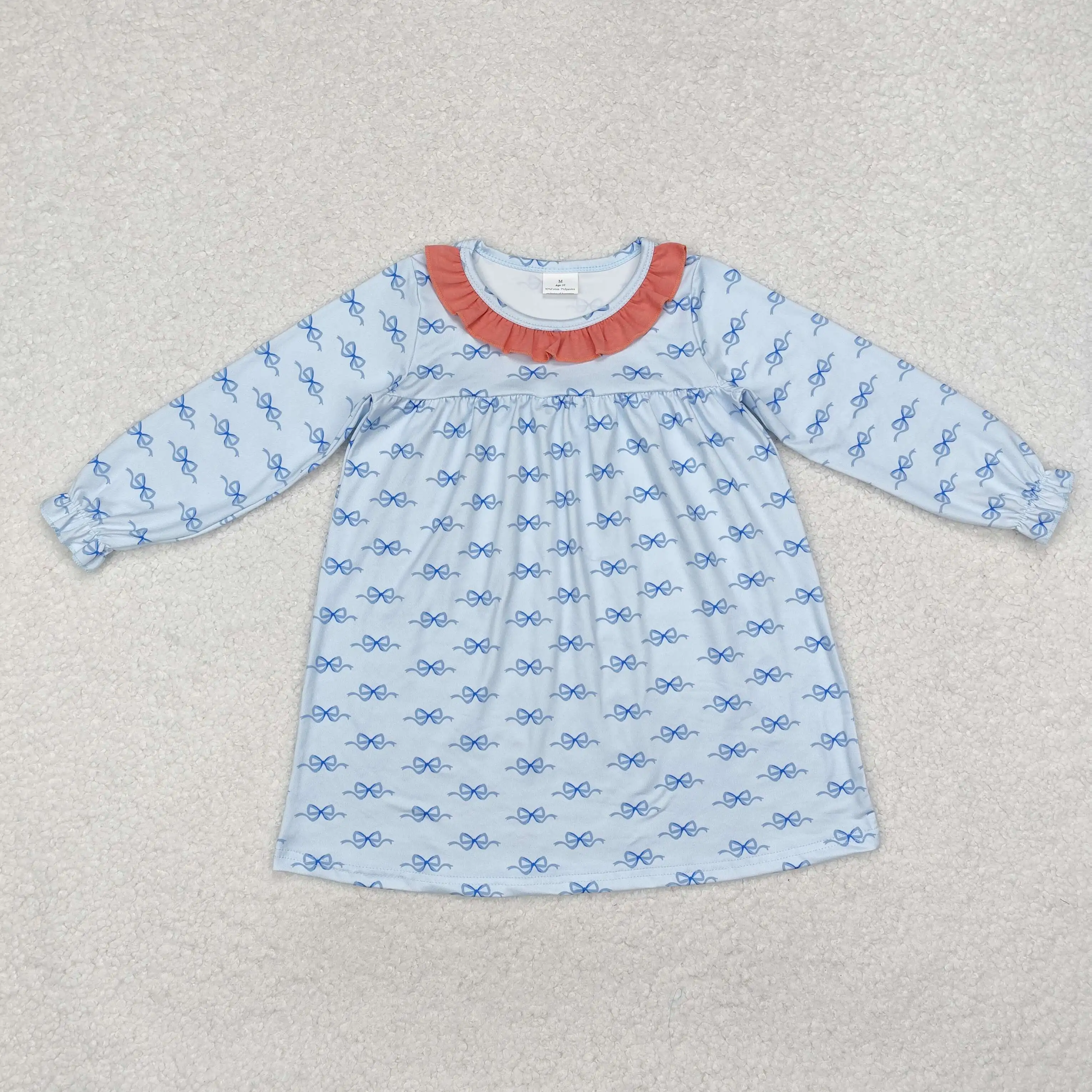 

new rts infant girls dress wholesale boutique blue bow pattern fashion girls dress