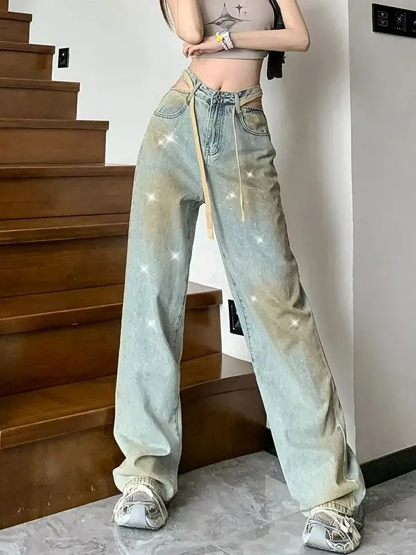 

Retro Nostalgic Hollow High Waist Loose Casual Pants with Halo Dyed Hot Diamond Straight Leg Wide Leg Jeans and Pants