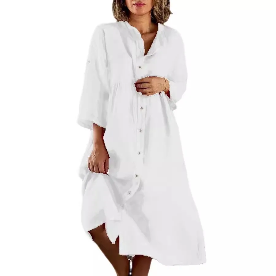 Button Front Casual Dress Maxi Length Elegant Commute with Mid Waist Open Front Single Breasted Spring Patchwork Women Dress