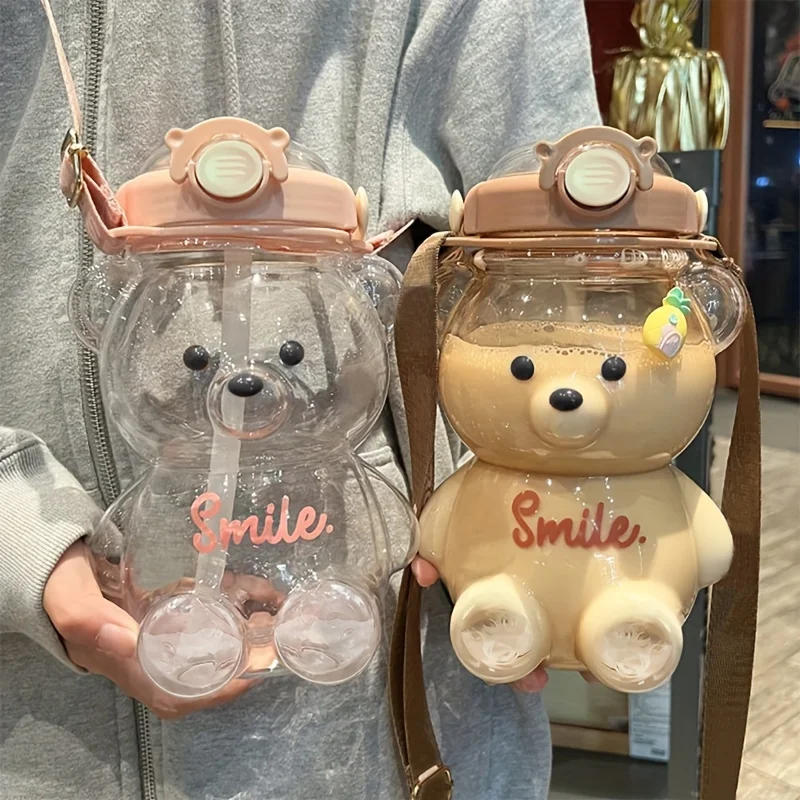 Garrafa de água de urso fofo de grande capacidade 1000ml 2 em 1 copo de palha para meninas crianças sem BPA à prova de vazamentos para presente esportivo escolar