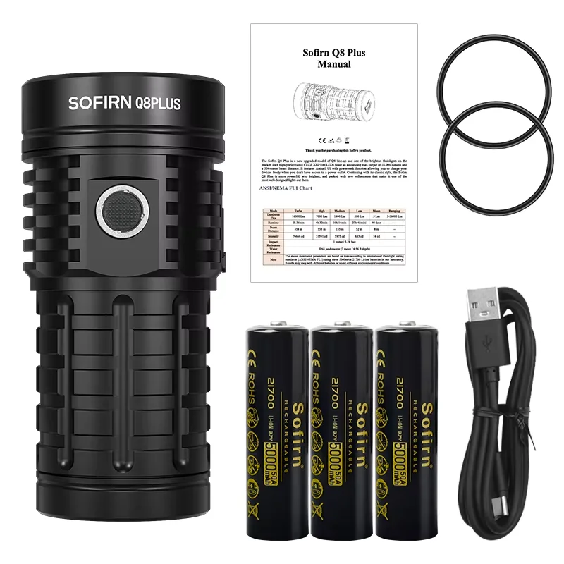 Sofirn Q8 Plus Super leistungsstarke LED-Taschenlampe, 16000 lm, USB C, wiederaufladbar, 21700 Anduril 2.0 Taschenlampe, XHP50B, umgekehrtes Laden