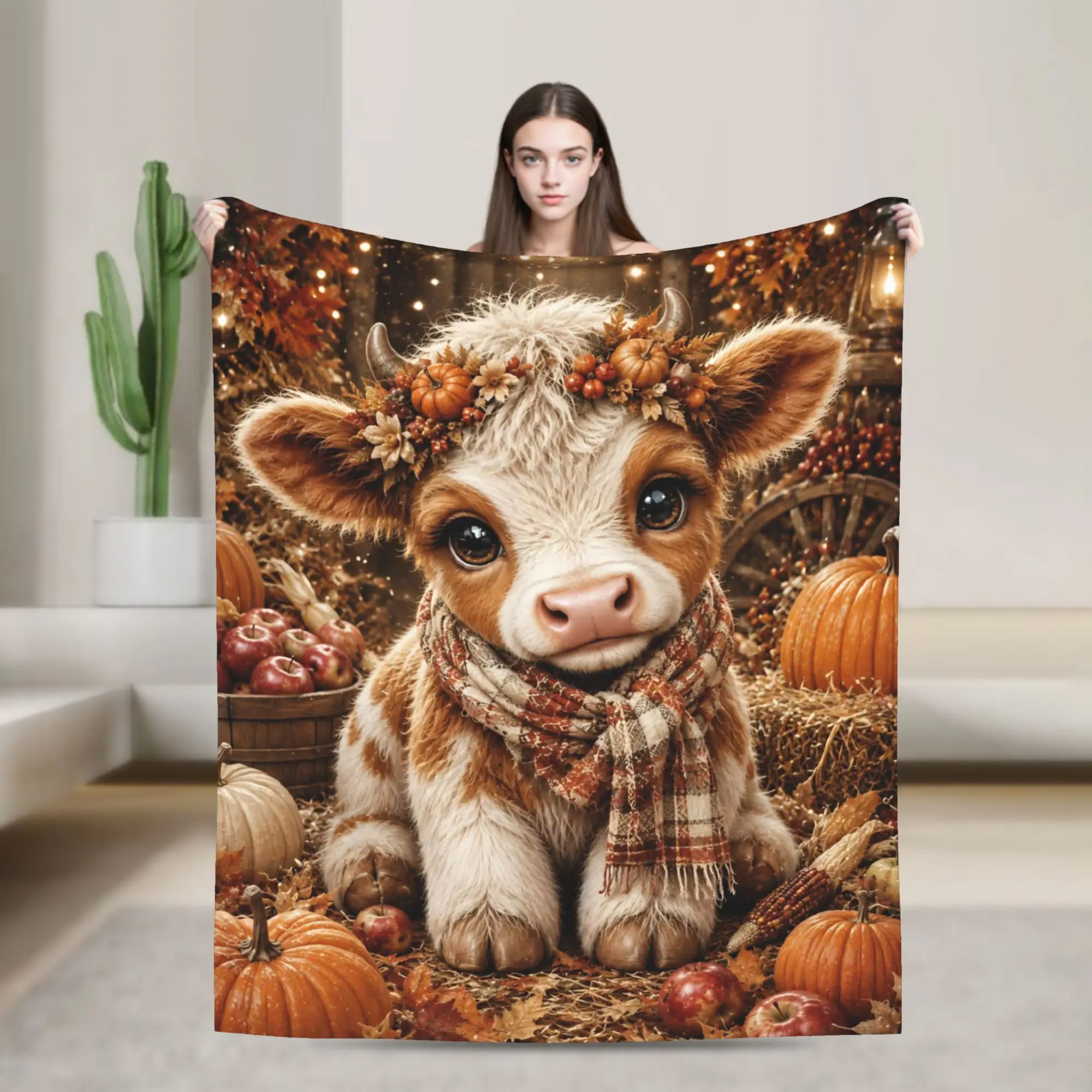 Highland Cows Fall Foral Blankets  Plush Novelty Soft Throw Blanket for Bedspread Autumn/Winter