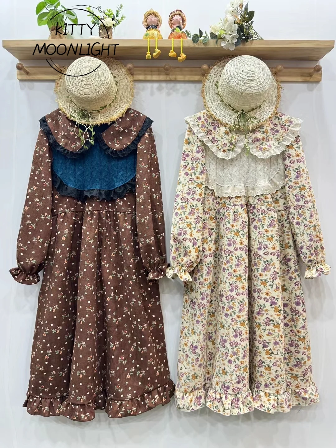 Vintage Floral Printed Corduroy Dress For Women Autumn Japanese Mori Girl Kawaii Lace Doll Collar Casual Loose Long Dresses